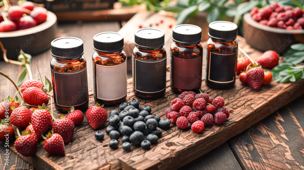 Stylish flat lay of various vitamin bottles and capsules arranged with fresh fruits and vegetables. Generative AI