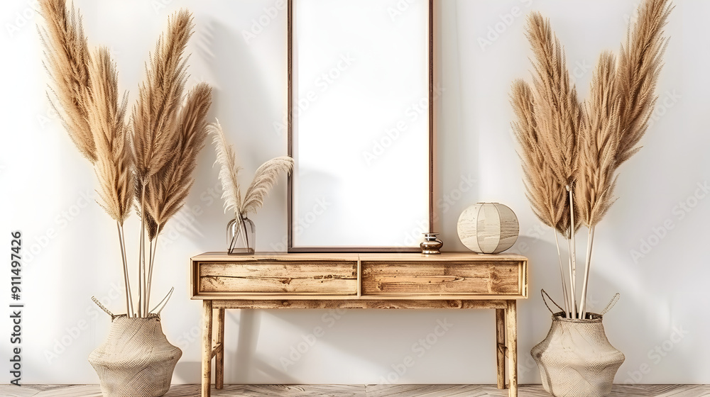 A vertical blank poster frame with a white background leaning against an empty wall in the middle of a minimalist wooden console table A vertical blank poster frame with a white background leaning against an empty wall in the middle of a minimalist wooden console table