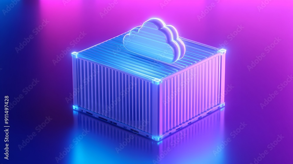 Futuristic 3D rendering of a shipping container with a cloud symbol, illuminated in neon blue and pink against a gradient background. Futuristic 3D rendering of a shipping container with a cloud symbol, illuminated in neon blue and pink against a gradient background.