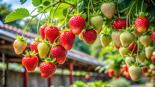 Ripe and Underripe Strawberries on the Tree: A Garden in Japan