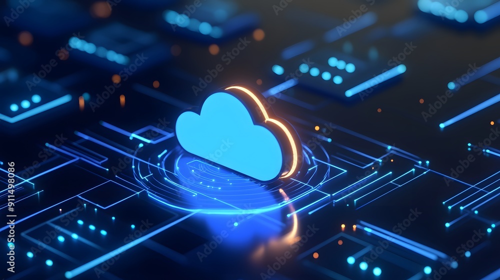 Futuristic cloud computing concept with a digital network. Blue cloud icon surrounded by glowing circuits, illustrating data technology. Futuristic cloud computing concept with a digital network. Blue cloud icon surrounded by glowing circuits, illustrating data technology.