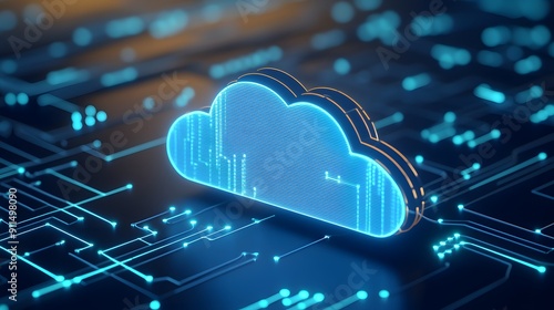 Futuristic cloud computing concept with a glowing cloud icon on a digital circuit board, representing data storage and technology innovation.