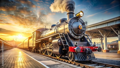 A Symphony of Steel: A Vintage Steam Locomotive Dominates the Station Platform  Generative AI photo