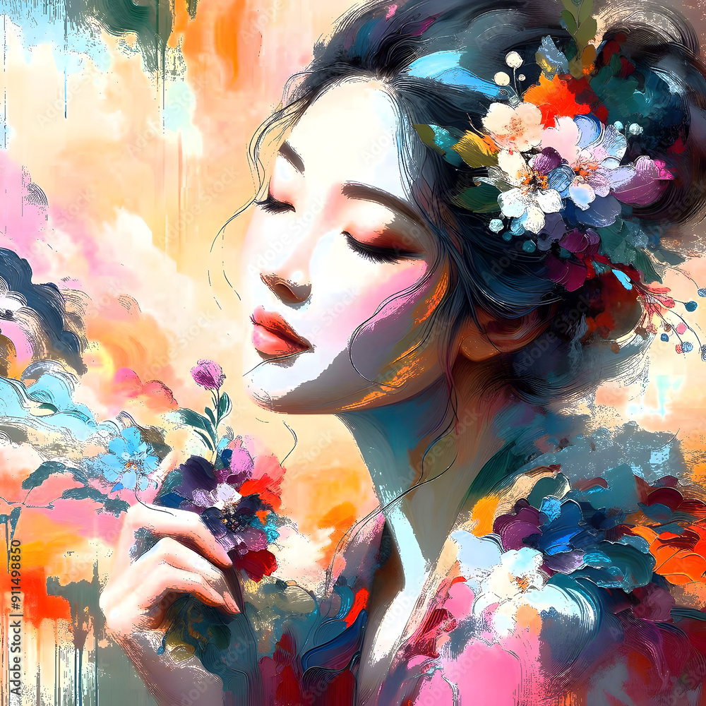 Portret Młodej Japonki w Kwiatach