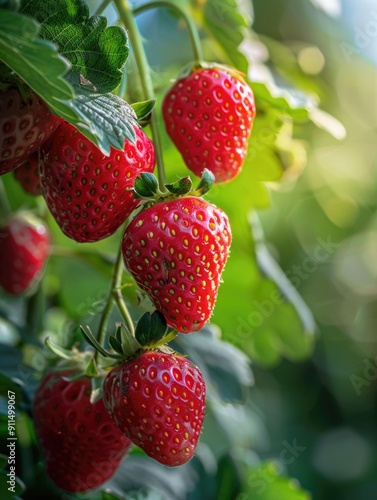 Fresh strawberries growing on a tree branch