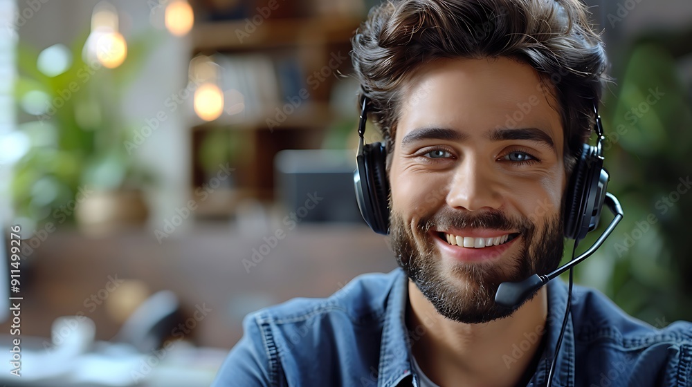 A smiling customer service representative, headset on, ready to assist, in a minimalist, clean office space. The background shows simple furniture and a tidy environment, A smiling customer service representative, headset on, ready to assist, in a minimalist, clean office space. The background shows simple furniture and a tidy environment,