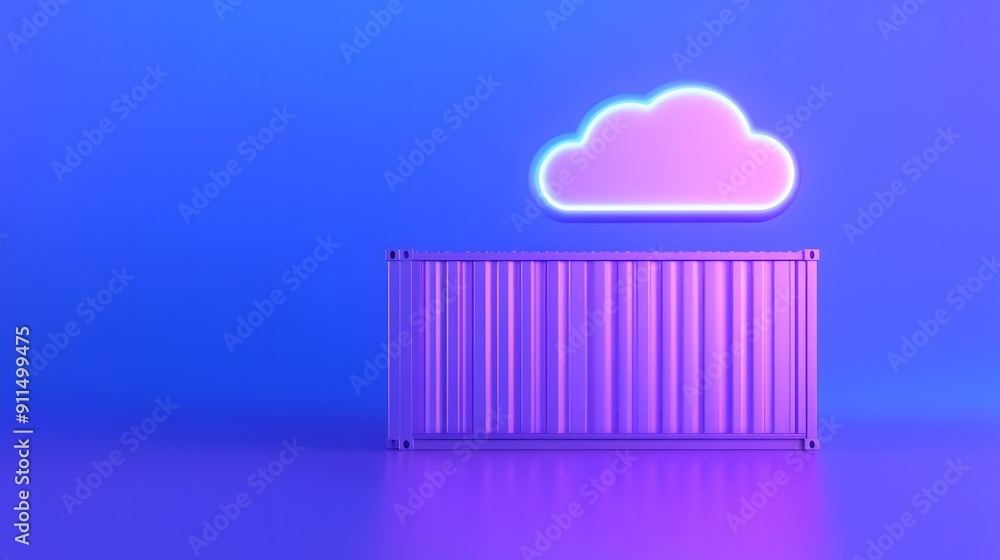 Futuristic cloud computing concept with neon lights and a digital container on a blue background. Ideal for technology and data storage themes.