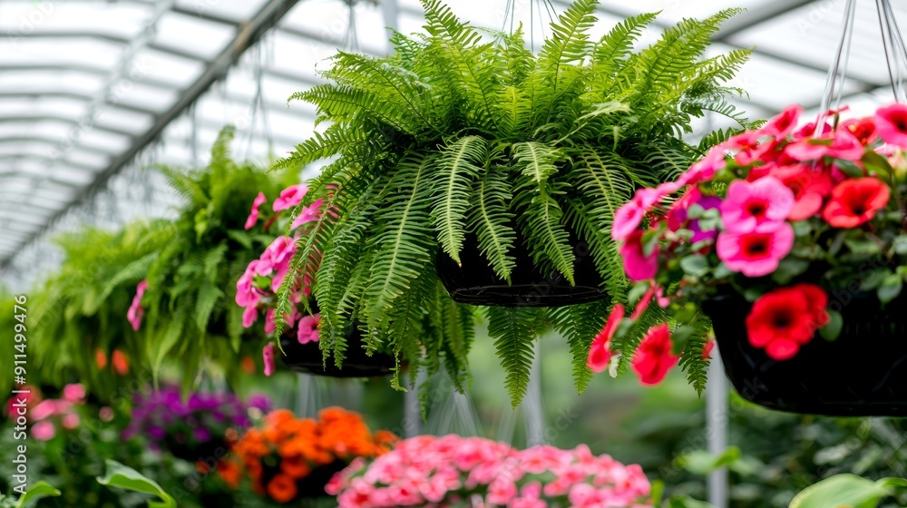 A greenhouse filled with tall, lush ferns and hanging baskets overflowing with colorful flowers A greenhouse filled with tall, lush ferns and hanging baskets overflowing with colorful flowers