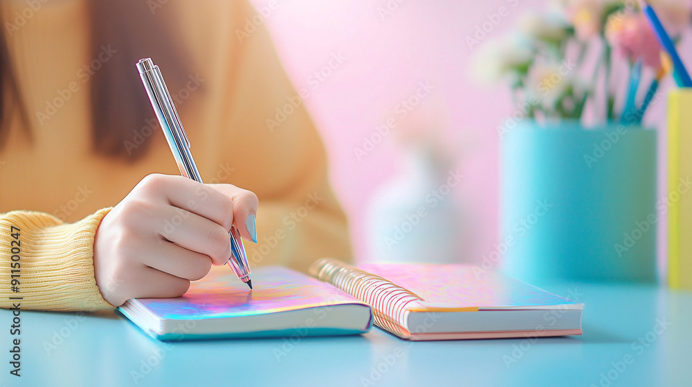 A woman is writing in a notebook with a pen. The notebook is open to a page with a colorful design. The woman is sitting at a table with a vase of flowers and a cup of coffee. A woman is writing in a notebook with a pen. The notebook is open to a page with a colorful design. The woman is sitting at a table with a vase of flowers and a cup of coffee.