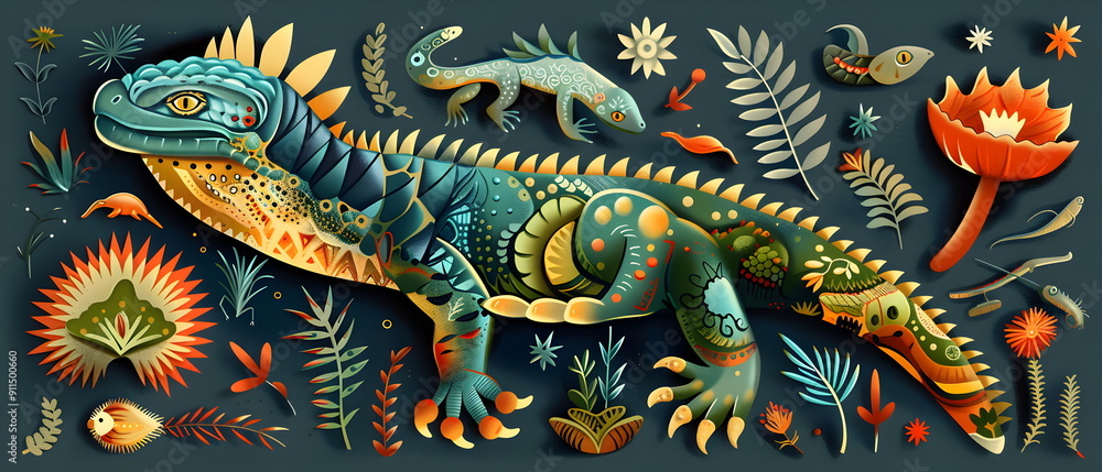 Illustration of a creatures in nature on a Galapagos Islands with a decorative background Illustration of a creatures in nature on a Galapagos Islands with a decorative background