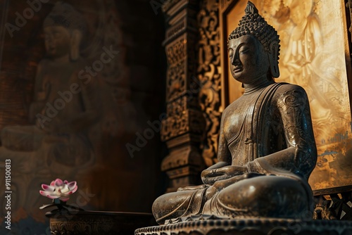 Realistic, rustic, grungy and highly detailed lord buddha statue inside a temple isolated over dark golden color wall carved with flower and ancient architectural design