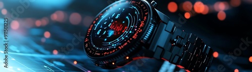 Futuristic Smartwatch with Digital Display and Red and Blue Lights