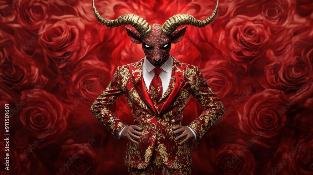 Fototapeta premium A man in a suit and tie with horns on his head
