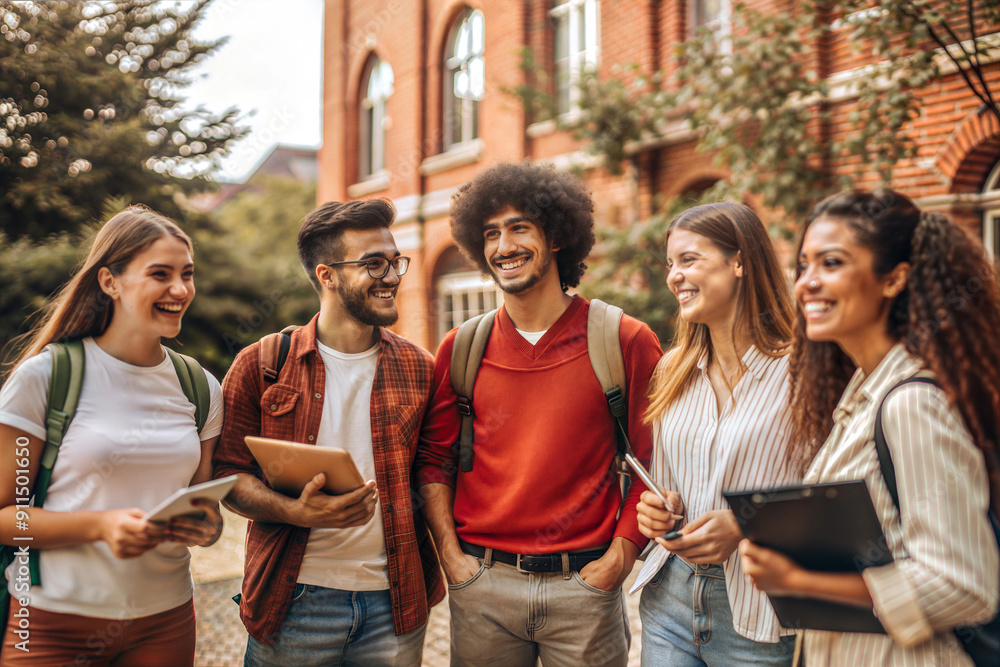 Obraz premium Group of students with backpacks and textbooks near university, college, campus, back to school concept