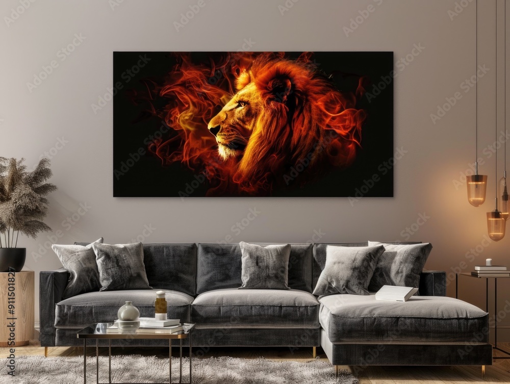 A cozy living room with a couch, coffee table, and a large painting of a lion on the wall A cozy living room with a couch, coffee table, and a large painting of a lion on the wall