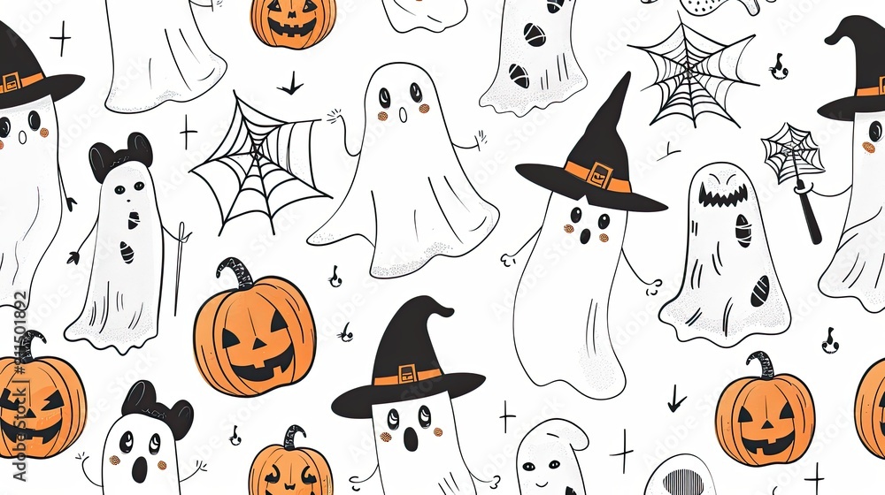 Halloween ghost and pumpkin cartoon pattern with playful designs Halloween ghost and pumpkin cartoon pattern with playful designs