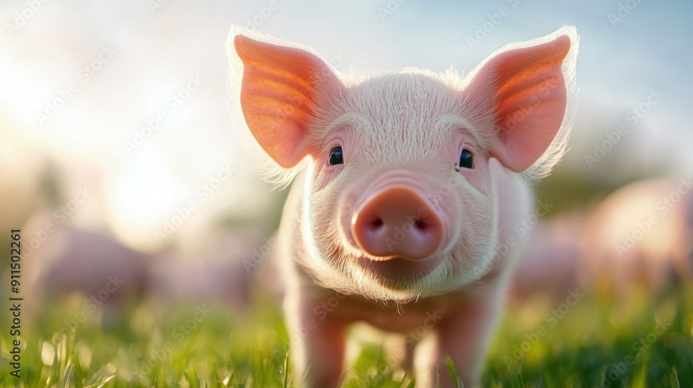 A pig is standing in a field of grass with its head held high