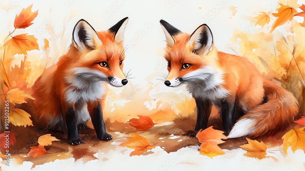Foxes playing in a forest with vibrant autumn colors, depicted in a lively watercolor style. Foxes playing in a forest with vibrant autumn colors, depicted in a lively watercolor style.