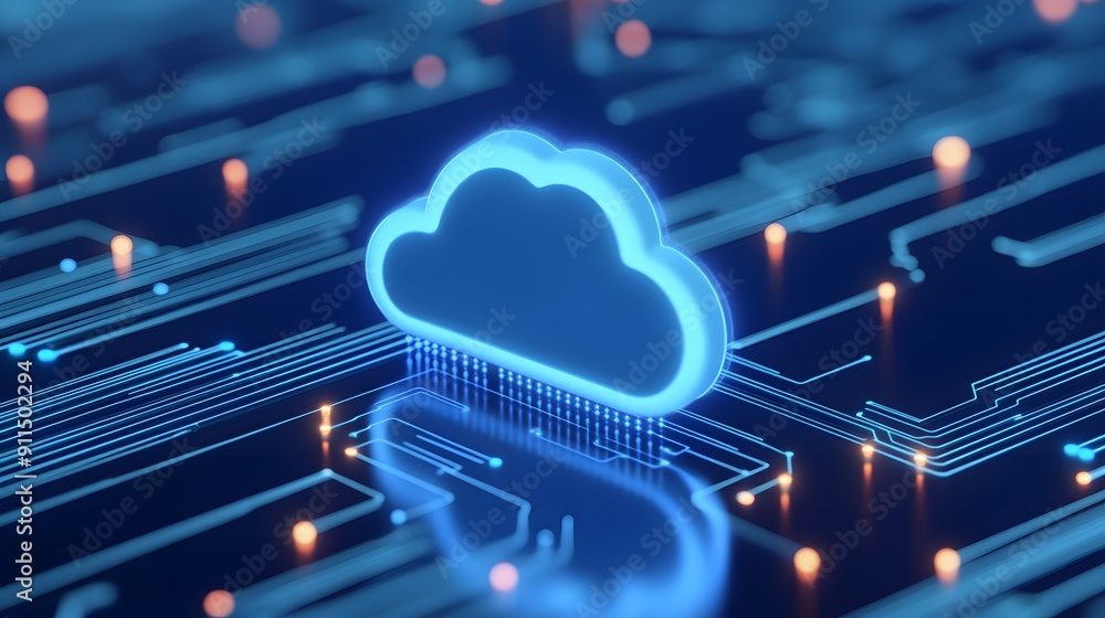 Futuristic concept of cloud computing, digital connections, and technology integration represented by a glowing cloud icon on a circuit board. Futuristic concept of cloud computing, digital connections, and technology integration represented by a glowing cloud icon on a circuit board.