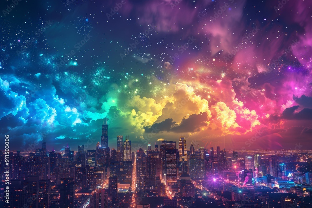 Fototapeta premium A colorful cityscape with a rainbow of clouds and stars in the sky. The city is lit up with lights, creating a vibrant and lively atmosphere