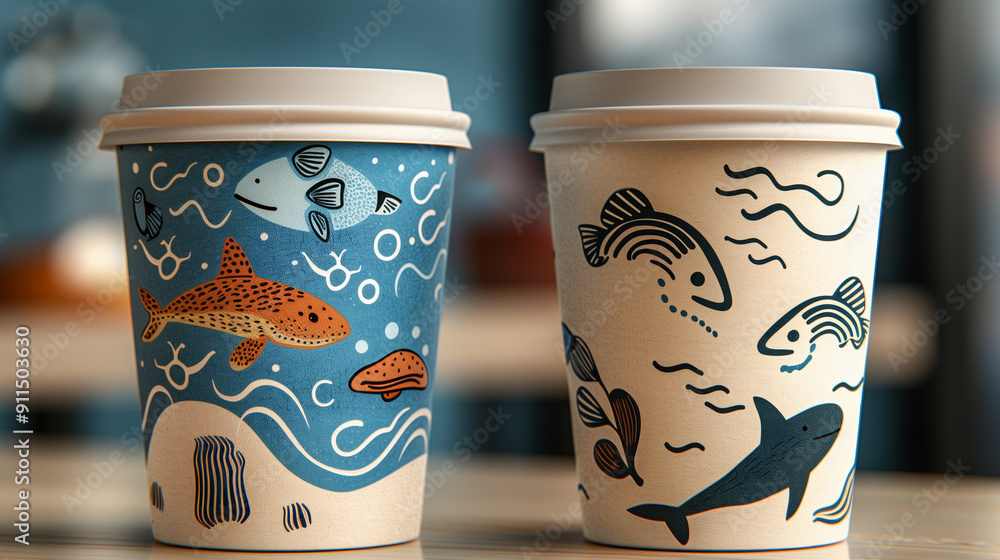 Two cups with fish designs on them Two cups with fish designs on them