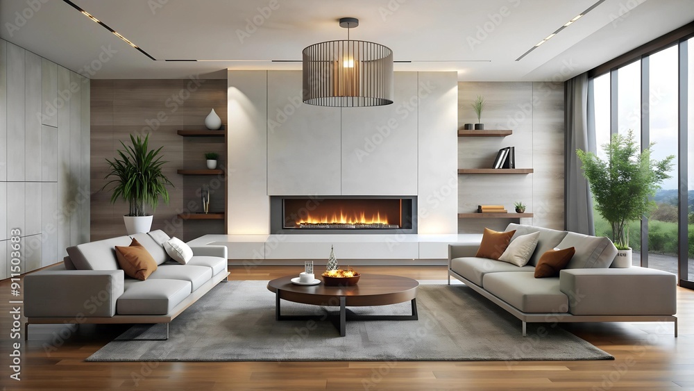 Fototapeta premium Minimalist Modern Living Room with a Sleek Floating Fireplace Generative AI