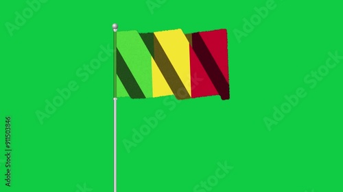 4K MALI  flag old animation with pole waving on chroma key green screen