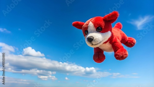 A Tiny Hero Takes Flight: A Red-Clad Toy Dog Soaring Through a Cloudless Azure Sky  Generative AI photo