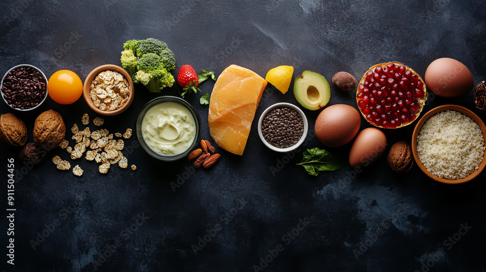 Image of various wholesome foods arranged on a dark-colored tabletop. Image of various wholesome foods arranged on a dark-colored tabletop.