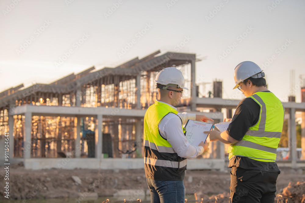 Two Asian engineer working at site of a large building project,Thailand people,Work overtime at construction site,Team of engineer discus at site Two Asian engineer working at site of a large building project,Thailand people,Work overtime at construction site,Team of engineer discus at site