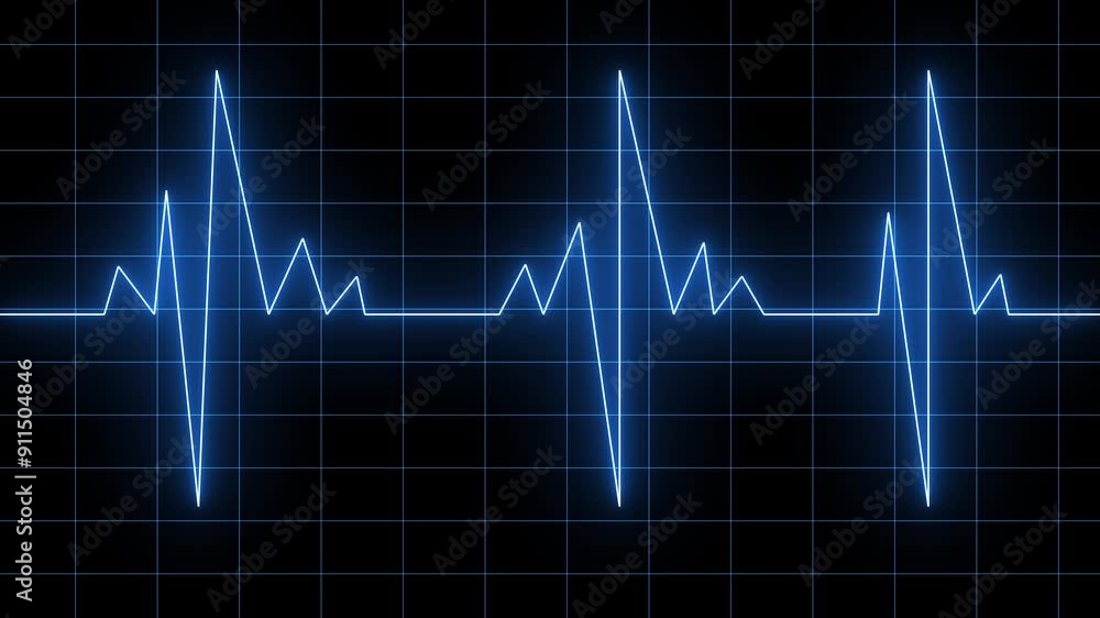 Glowing red neon heartbeat pulse rate line. Health and medical concept. EKG pulse wave. Dark blue background with a grid Glowing red neon heartbeat pulse rate line. Health and medical concept. EKG pulse wave. Dark blue background with a grid
