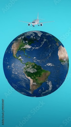 Airplane flying around the world , globe or earth planet. Tourism travel concept animation 3d. Blue light background. Vertical, phone wallpaper	