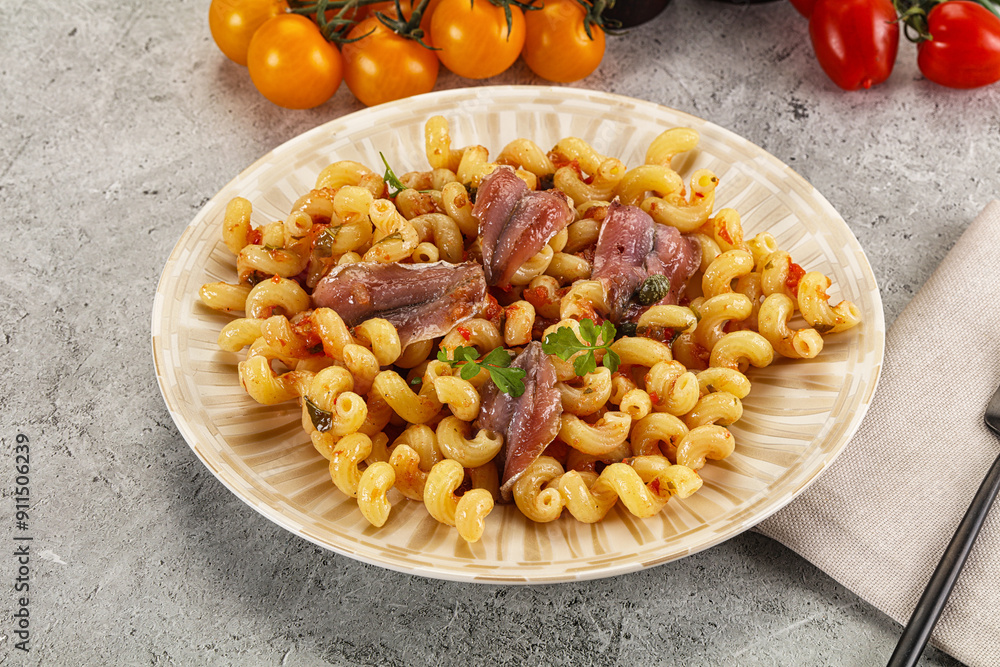 Italian pasta cellentani with anchovy Italian pasta cellentani with anchovy