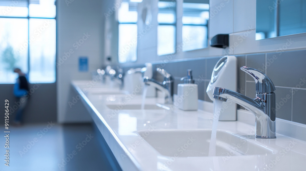 Illustrate a row of sinks in a clean, modern public restroom, with automatic faucets, soap dispensers, and a person washing their hands, emphasizing hygiene and convenience. Illustrate a row of sinks in a clean, modern public restroom, with automatic faucets, soap dispensers, and a person washing their hands, emphasizing hygiene and convenience.