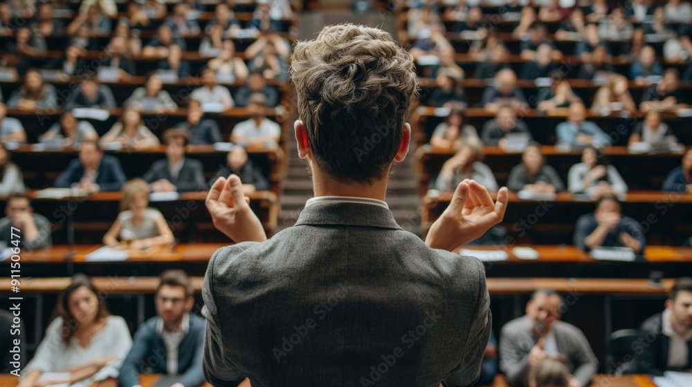 Lecturer viewed from behind addressing a large audience in lecture hall. Focused on delivering powerful message, the scene captures academic engagement, attentive learning environment. Lecturer viewed from behind addressing a large audience in lecture hall. Focused on delivering powerful message, the scene captures academic engagement, attentive learning environment.