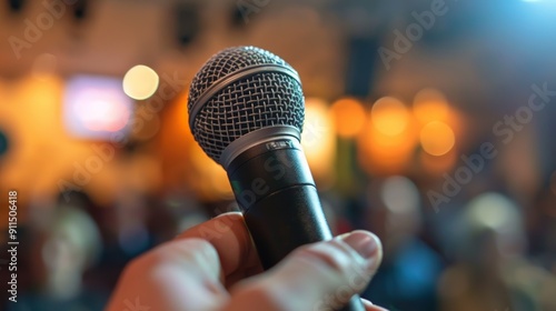 Close-up of a microphone being held towards an audience, ready for a speech or performance, background blurred with bokeh lights, microphone and anticipation of the event.