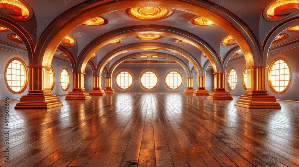 Fototapeta premium High-fidelity image an elegant hall with golden arches and warm lighting, wooden floor reflects light, creating luxurious and sophisticated atmosphere, architectural design grandeur opulence.