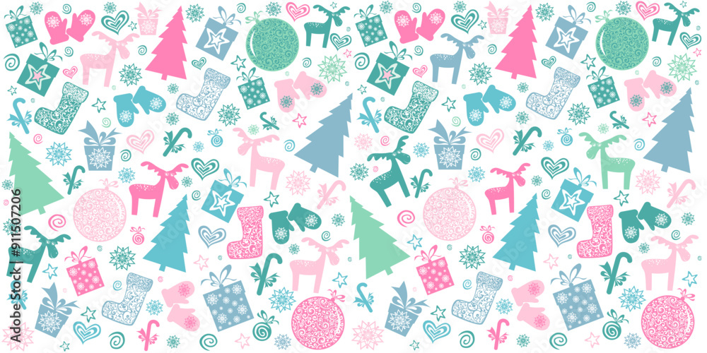 Christmas and New Year seamless pattern. Christmas holiday background. Seamless pattern wallpaper of gift box, deer, Christmas ball, Xmas tree, boots, mittens, candy, stars and snowflakes. Vector Christmas and New Year seamless pattern. Christmas holiday background. Seamless pattern wallpaper of gift box, deer, Christmas ball, Xmas tree, boots, mittens, candy, stars and snowflakes. Vector