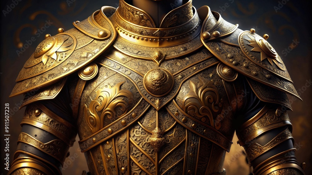 Fototapeta premium Golden armor with intricate designs and shining finish, armor, protection, medieval, warrior, costume, gold, luxurious, shiny