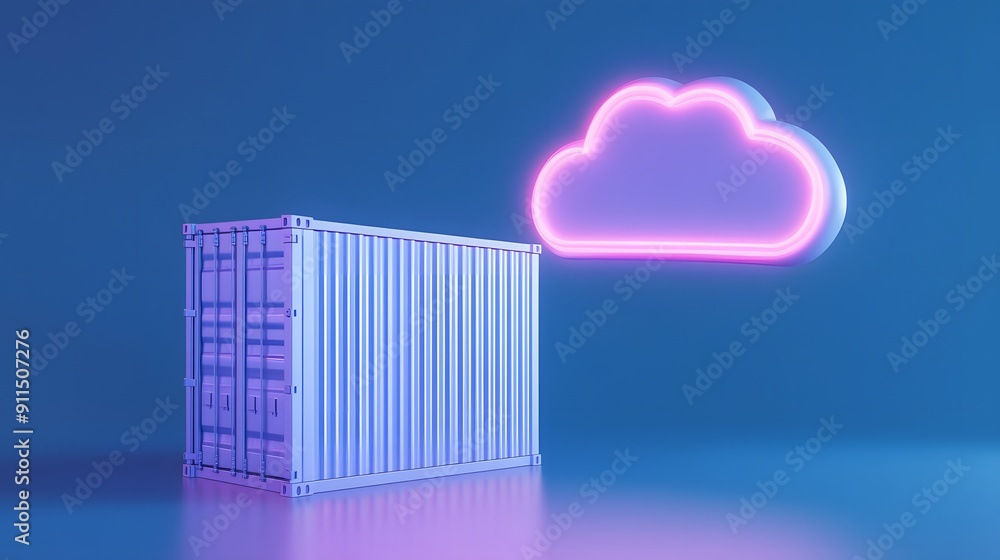 Futuristic image of a storage container next to a glowing neon cloud symbol, representing cloud computing and modern technology. Futuristic image of a storage container next to a glowing neon cloud symbol, representing cloud computing and modern technology.