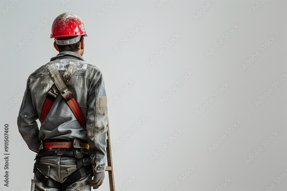 Naklejka premium Construction Worker Holding Ladder on Isolated White Background