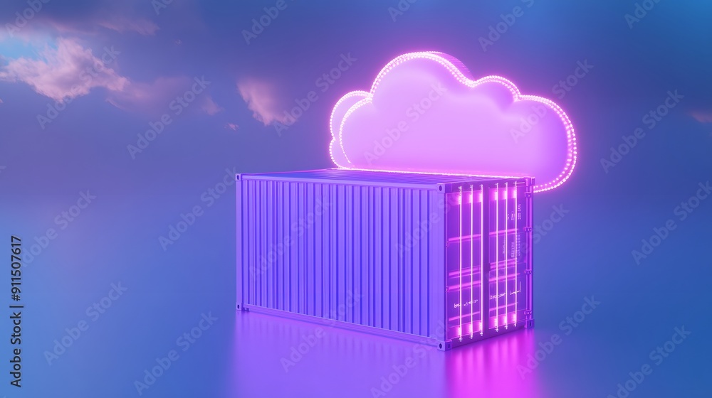 Futuristic neon-lit container with a glowing cloud icon representing cloud computing and data storage in a digital environment. Futuristic neon-lit container with a glowing cloud icon representing cloud computing and data storage in a digital environment.