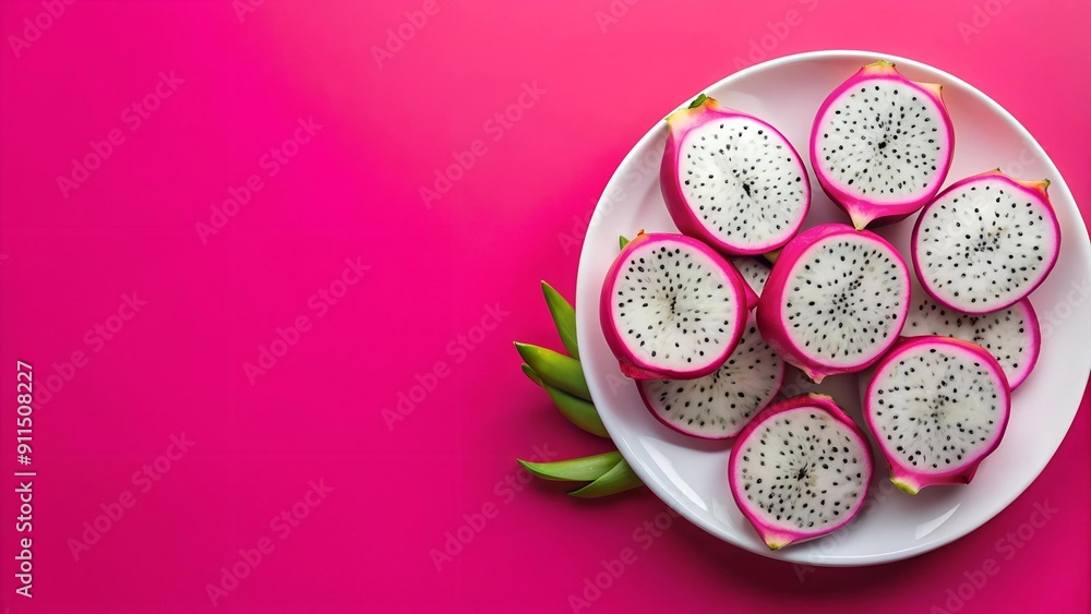 A Symphony of Pink: Dragon Fruit Slices on a Porcelain Plate Generative AI A Symphony of Pink: Dragon Fruit Slices on a Porcelain Plate Generative AI