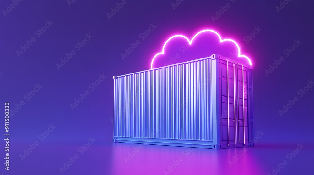 Futuristic storage concept. Neon cloud above a shipping container in a purple space, symbolizing digital and physical data storage fusion. Futuristic storage concept. Neon cloud above a shipping container in a purple space, symbolizing digital and physical data storage fusion.