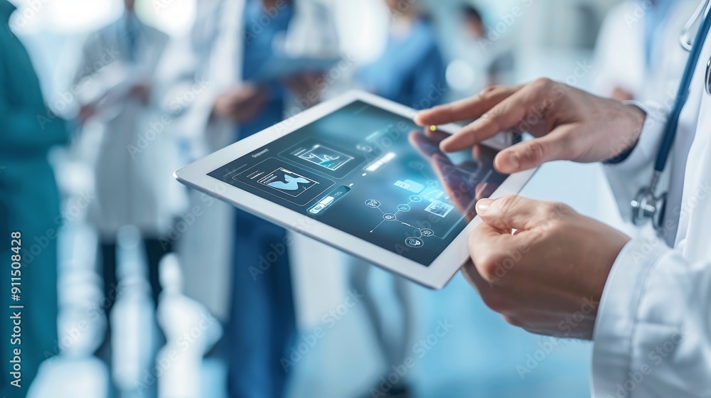 Doctor Using Tablet for Real-Time Health Monitoring. Advances in digital health and telemedicine