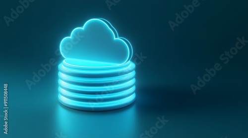 Glowing neon cloud icon on server stack, representing cloud computing, data storage, and technology in a modern digital world.