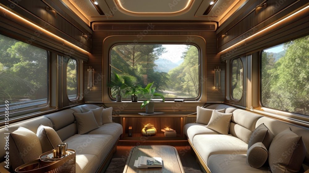 High-end train compartment with plush seating, adjustable lighting, large windows, scenic views. High-end train compartment with plush seating, adjustable lighting, large windows, scenic views.