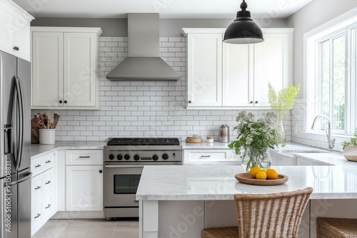 Wallpaper Mural A kitchen with white cabinets and a white tile backsplash. Interior designs Torontodigital.ca