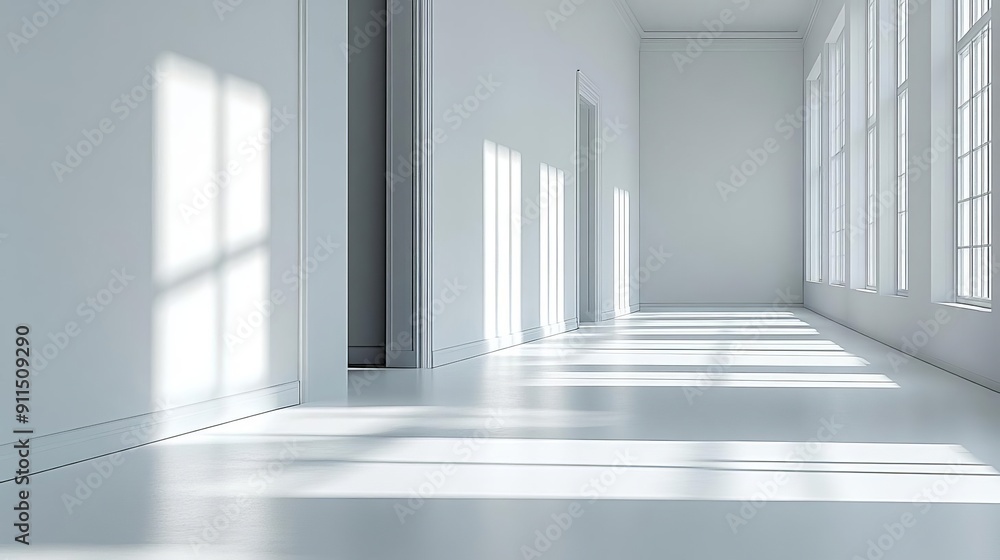 This is a photograph of a spacious interior room with natural light coming through large windows The space has high ceilings wooden floors and white walls reflecting the light This is a photograph of a spacious interior room with natural light coming through large windows The space has high ceilings wooden floors and white walls reflecting the light