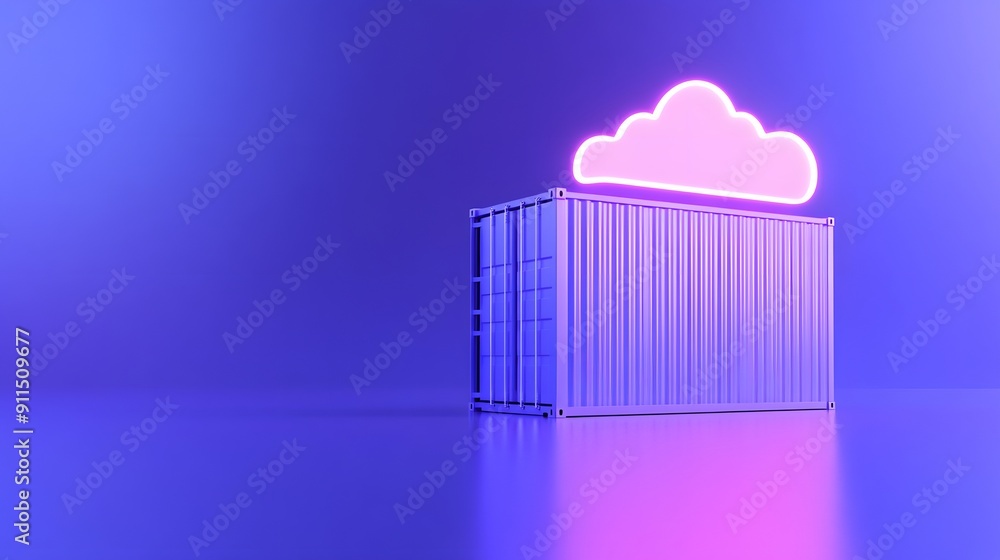 Innovative representation of cloud computing concept with a shipping container and neon pink cloud on a gradient blue background. Innovative representation of cloud computing concept with a shipping container and neon pink cloud on a gradient blue background.